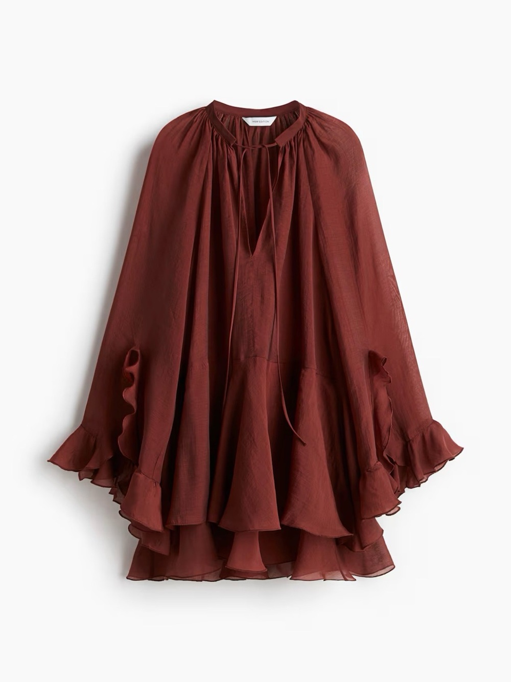 H & M Edition Flowy Ruffle Tie-Neck Tunic/Dress in Deep Rust